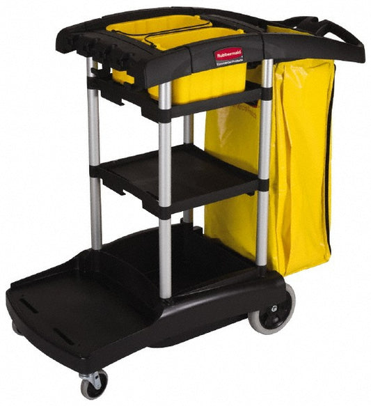 Rubbermaid FG9T7200BLA Industrial High Capacity Storage Janitorial Cart with Wheels/Casters, Two Caddies & Zippered Yellow Bag, Black
