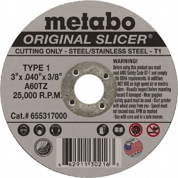 Metabo 655317000 Cutoff Wheel Type 1, 3" Dia, 0.04" Thick, 3/8" Hole, Aluminum Oxide