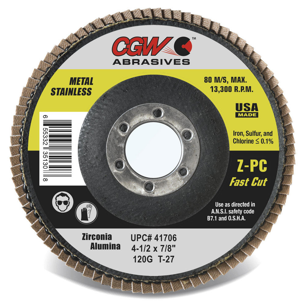 CGW Abrasives 41704 Flap Disc 7/8" Hole, 60 Grit, Zirconia Alumina, Type 27
