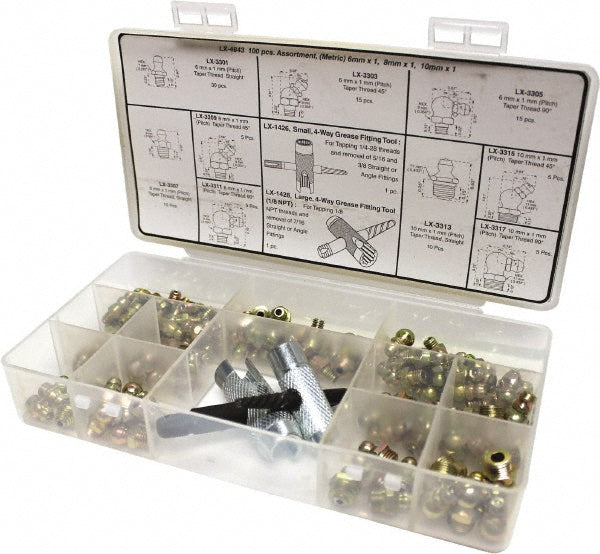 lumax LX-4843 Grease Fitting Sets Body Material Steel  Thread Standard Taper  Number Of Pieces 100  Maximum Pressure 8psi