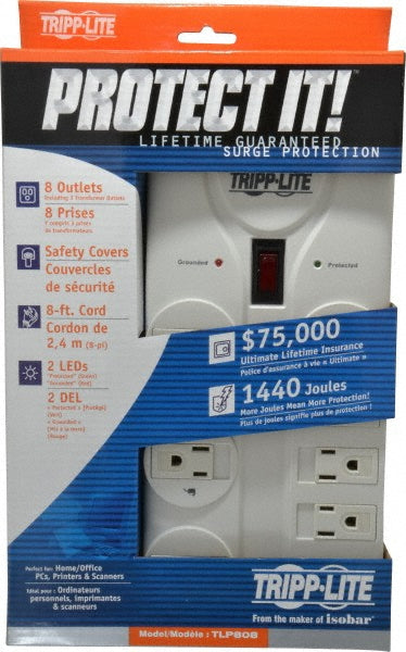 Tripp-Lite TLP808 8 Outlets, 120 Volts, 15 Amps, 8' Cord, Power Outlet Strip