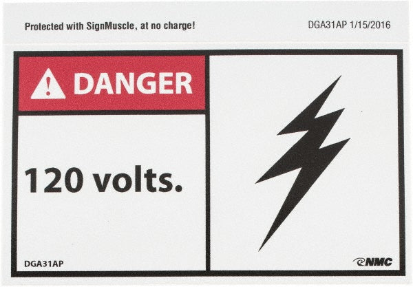 AccuformNMC DGA31AP Accident Prevention Label "Danger - 120 Volts", Rectangle, 5" Wide, 3" High