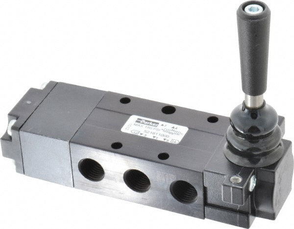 Parker 521811000 Mechanically Operated Valve 4-Way & 3-Position CC, Lever-Spring Return Actuator, 1/4" Inlet, 1/4" Outlet, 2 Position