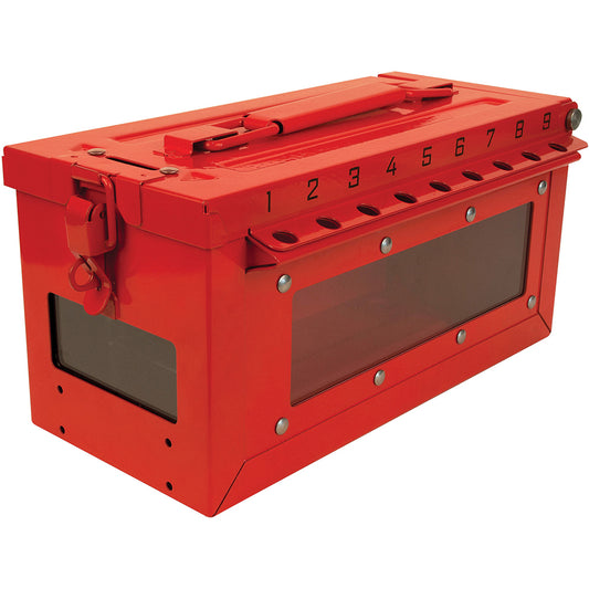 Master Lock S601 Group Lockout Boxes Portable or Wall Mount Portable Maximum Number of Padlocks 19 Color Red Box Material Stainless Steel Overall Height (Inch) 5-43/64 Overall Width (Inch) 6-27/64 Overall Depth (Inch) 12 Special Features Storage & Simplifi
