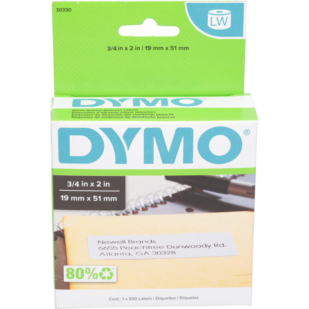 Dymo 30330 Label Maker Label White, 2" OAL, 3/4" OAW, 500 per Roll, 1 Roll