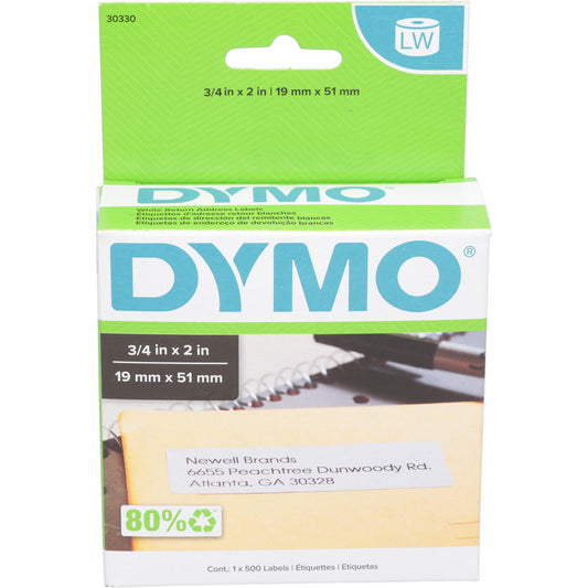 Dymo 30330 Label Maker Label White, 2" OAL, 3/4" OAW, 500 per Roll, 1 Roll