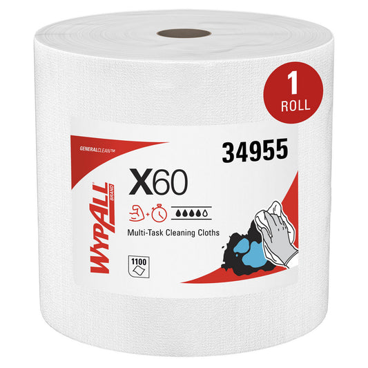 WypAll 34955 GeneralClean X60 Multi-Task Cleaning Cloths, Jumbo Roll, Strong & Absorbent Towels, White