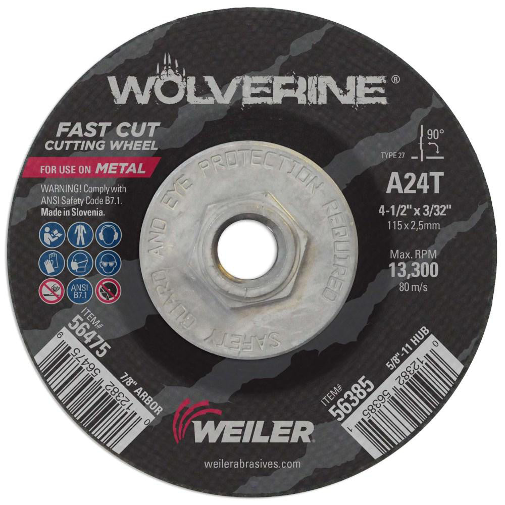 Weiler 56385 Depressed-Center Wheel Type 27 & Type 42, 4-1/2" Dia, 3/32" Thick, 5/8-11 Hole, Aluminum Oxide
