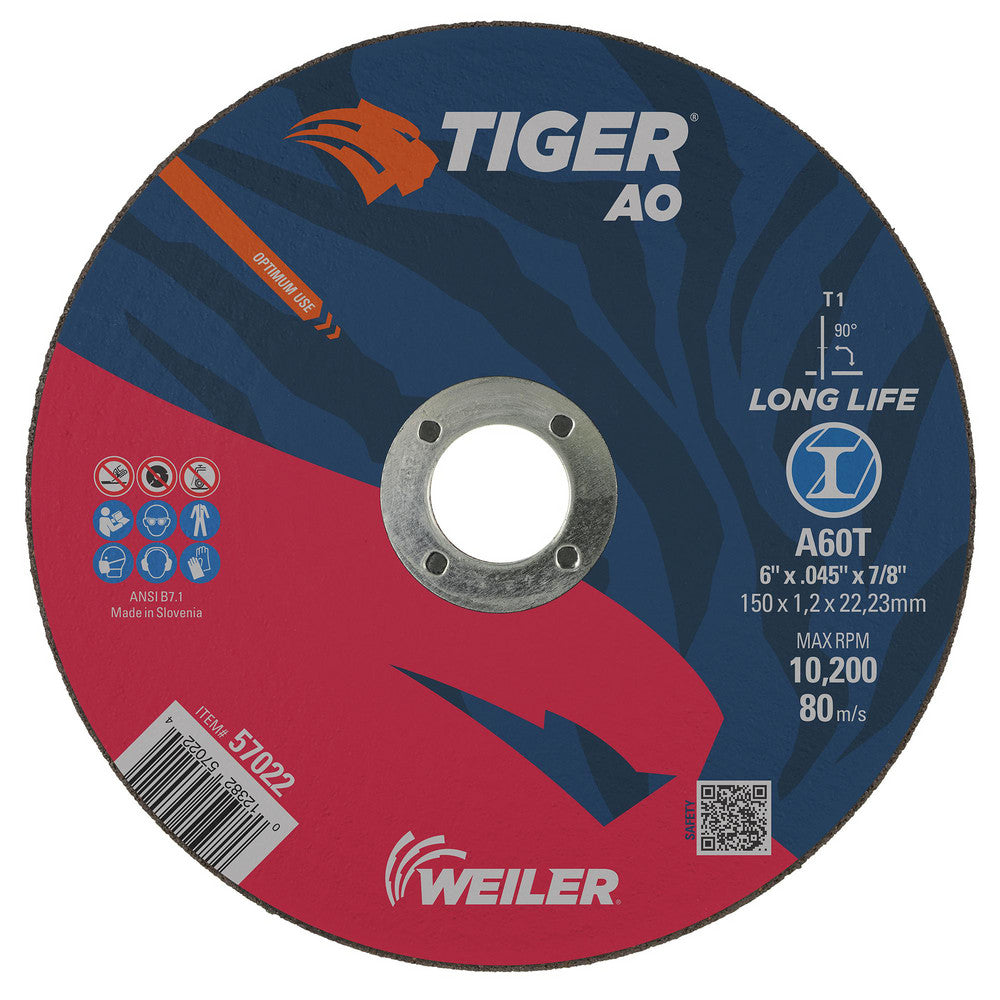 Weiler 57022 Cutoff Wheel Type 1 (01/41), 6" Dia, 0.0450" Thick, 7/8" Hole, Aluminum Oxide