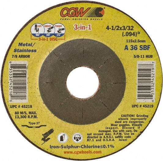 CGW Abrasives 45218 Depressed Grinding Wheel  Type 27 & Type 42,  4-1/2" Dia,  3/32" Thick,  7/8" Hole,  Aluminum Oxide