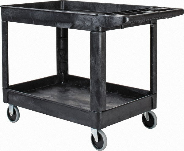 Rubbermaid FG452089BLA Heavy Duty 2-Shelf Utility/Service Cart, Medium, Lipped Shelves, Storage Handle, 500 lbs. Capacity, Black