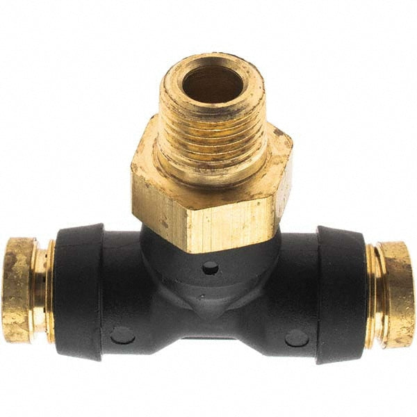 Parker PF-00076 Push-To-Connect Tube to Male & Tube to Male NPT Tube Fitting Male Swivel Branch Tee, 1/8" Thread, 1/4" OD