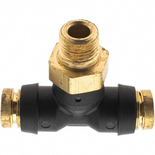Parker PF-00076 Push-To-Connect Tube to Male & Tube to Male NPT Tube Fitting Male Swivel Branch Tee, 1/8" Thread, 1/4" OD