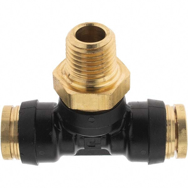 Parker PF-00077 Push-To-Connect Tube to Male & Tube to Male NPT Tube Fitting Male Swivel Branch Tee, 1/4" Thread, 3/8" OD