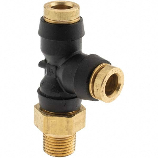 Parker PF-00072 Push-To-Connect Tube to Male & Tube to Male NPT Tube Fitting Male Swivel Run Tee, 1/8" Thread, 1/4" OD