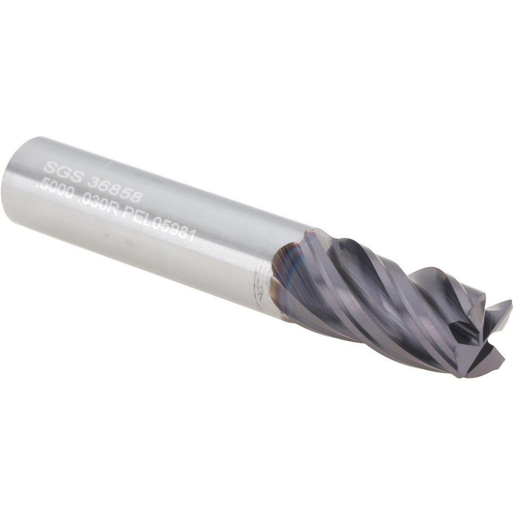 Kyocera SGS Precision Tools 36858 Corner Radius End Mill 1/2" Dia, 1" LOC, 0.0300" Radius, 4 Flute, Solid Carbide