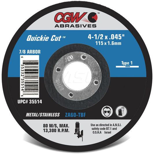 CGW Abrasives 45010 Cutoff Wheel Type 1, 4-1/2" Dia, 0.035" Thick, 7/8" Hole, Aluminum Oxide