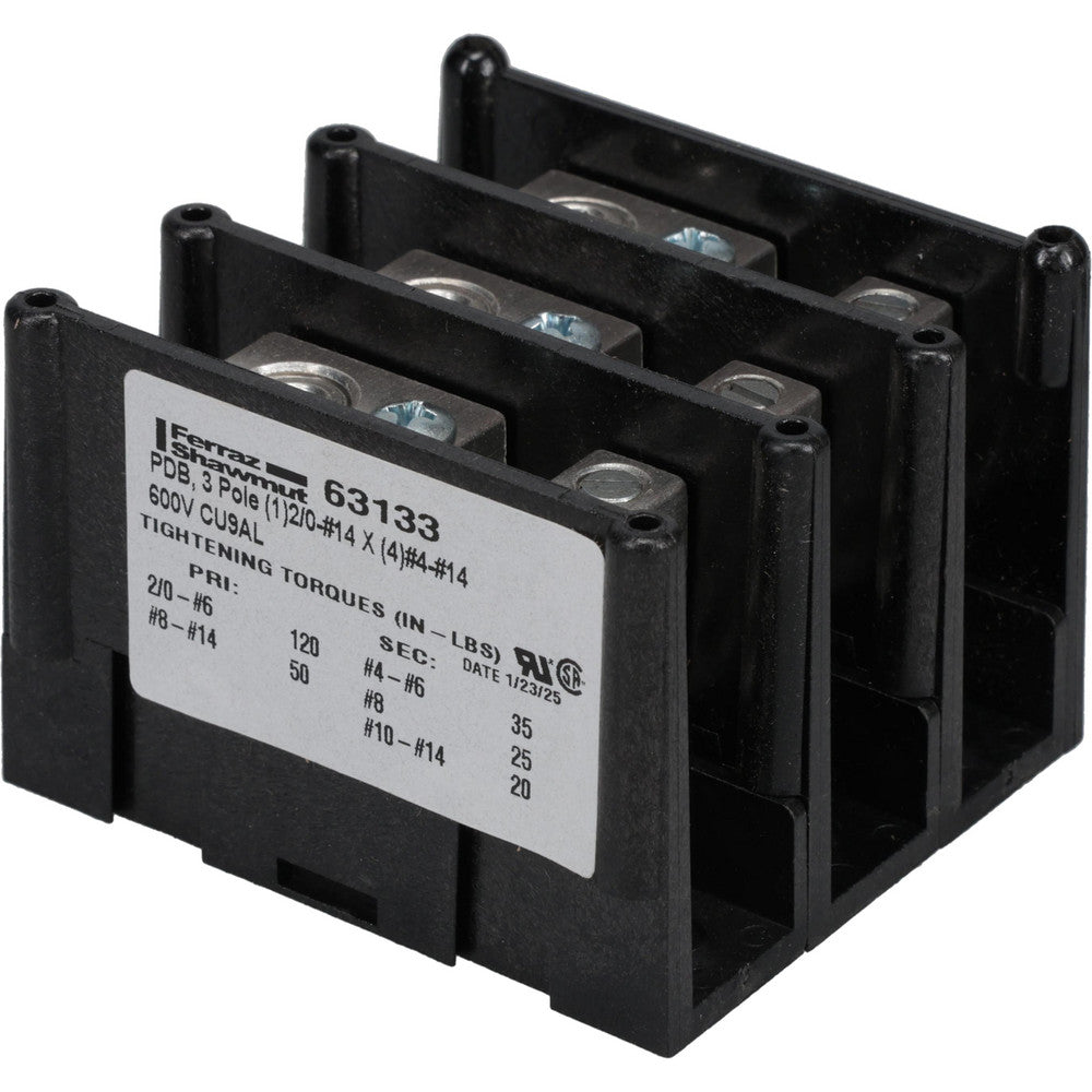 Ferraz Shawmut 63133 3 Poles, 135 Amp, 2/0-14 AWG Primary, 4-14 AWG Secondary, Polycarbonate Power Distribution Block