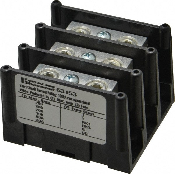 Ferraz Shawmut 63153 3 Poles, 135 Amp, 2/0-14 AWG Primary, 2/0-14 AWG Secondary, Polycarbonate Power Distribution Block