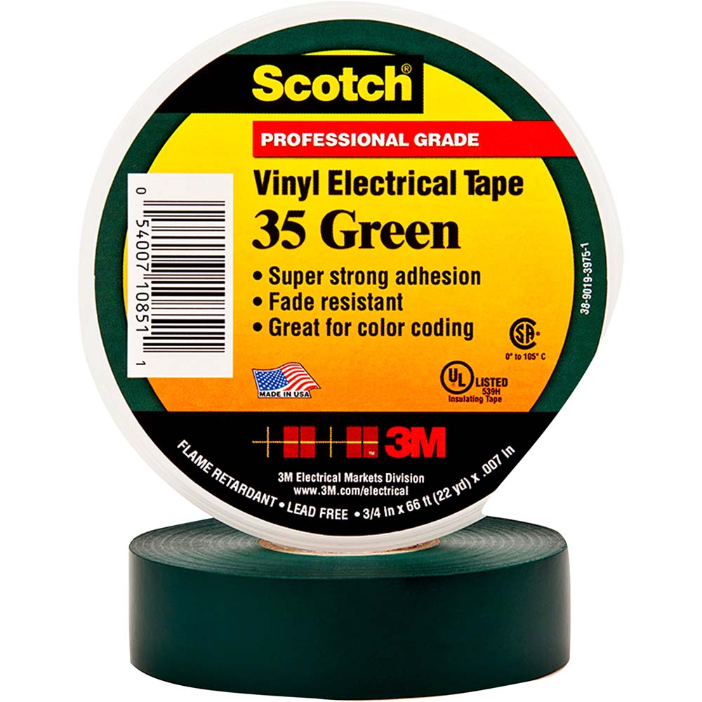 3M 7000132639 Electrical Tape 1/2" Wide, 20' Long, 7 mil Thick, Green