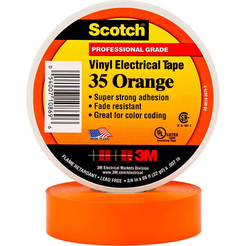 3M 7000058438 Electrical Tape 1/2" Wide, 20' Long, 7 mil Thick, Orange