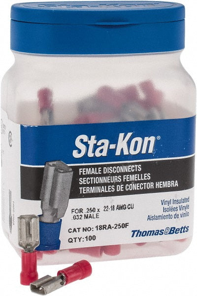 Thomas & Betts 18RA-250F Wire Disconnect Female, Red, Vinyl, 22-18 AWG, 1/4" Tab Width