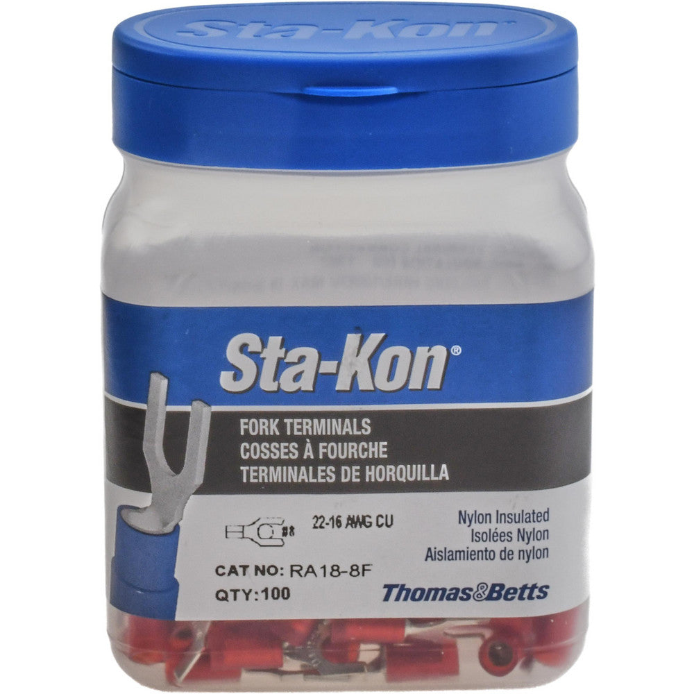 Thomas & Betts RA18-8F Standard Fork Terminal Red, Nylon, Partially Insulated, #8 Stud, Crimp