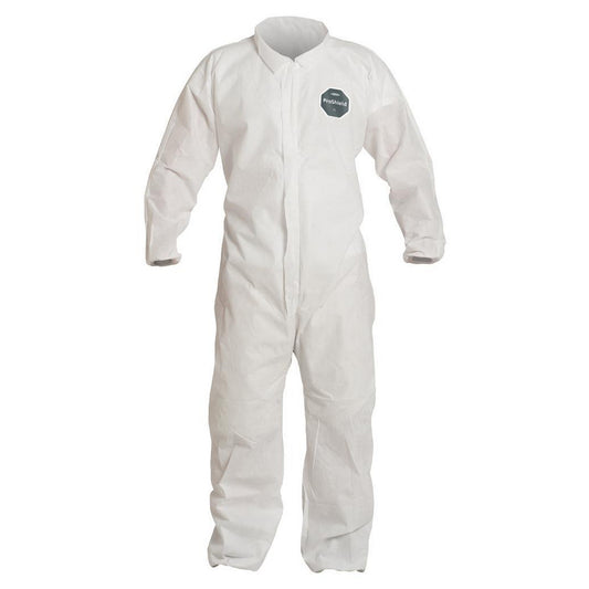 Dupont PB125SWHXL002500 Disposable Coveralls Liquid & Splash Protection, Size X-Large, 1.3000 oz, ProShield 10, Zipper & Stormflaps Closure
