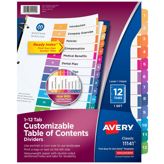 AVERY 11141 11 x 8 1/2" 1 to 12" Label, 10 Tabs, 3-Hole Punched, Preprinted Divider