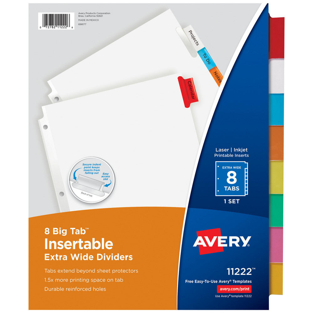 AVERY 11222 11 1/8 x 9 1/4" 1 to 8" Label, 8 Tabs, 3-Hole Punched, Customizable Divider
