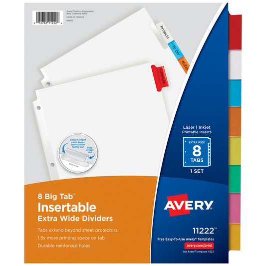 AVERY 11222 11 1/8 x 9 1/4" 1 to 8" Label, 8 Tabs, 3-Hole Punched, Customizable Divider