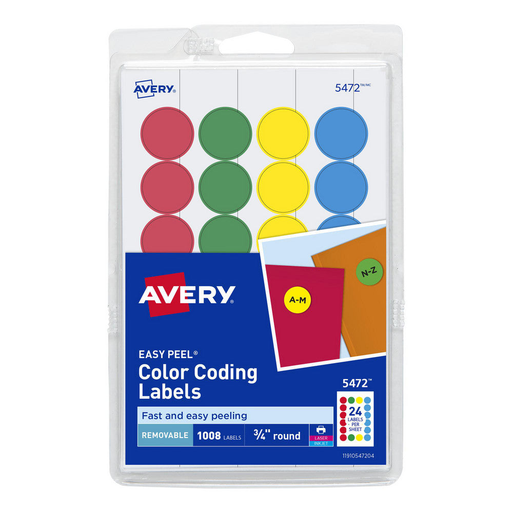 AVERY 05472 Label Maker Label Assorted Color, Paper, 3/4" OAL, 3/4" OAW, 1,008 per Roll