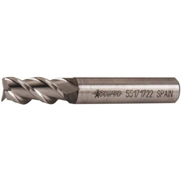 Accupro 39521 Square End Mill 3/8'' Dia, 3/4'' LOC, 3/8'' Shank Dia, 2-1/2'' OAL, 3 Flutes, Powdered Metal