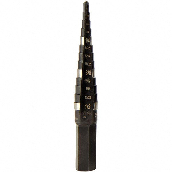 Klein Tools KTSB01 Step Drill Bits 1/8" to 1/2" Hole Dia, 3/8" Shank Dia, High Speed Steel, 13 Hole Sizes