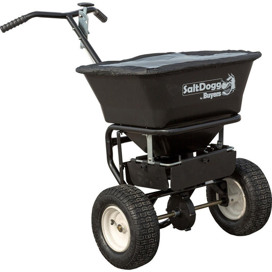 Buyers Products WB155BG Landscape Spreaders Spreader Type Walk Behind Broadcast  Handle Type Curved T  Wheel Type Pneumatic  Maximum Spread Width (Feet) 24  Application Bulk Salt Bagged Salt Ice Melt  Frame Material Steel