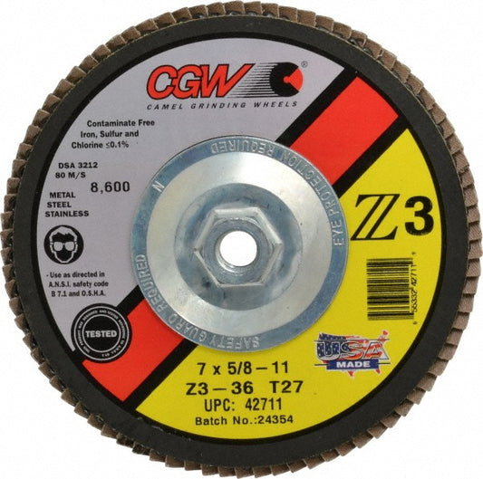CGW Abrasives 42711 Flap Disc 5/8-11 Hole, 36 Grit, Zirconia Alumina, Type 27