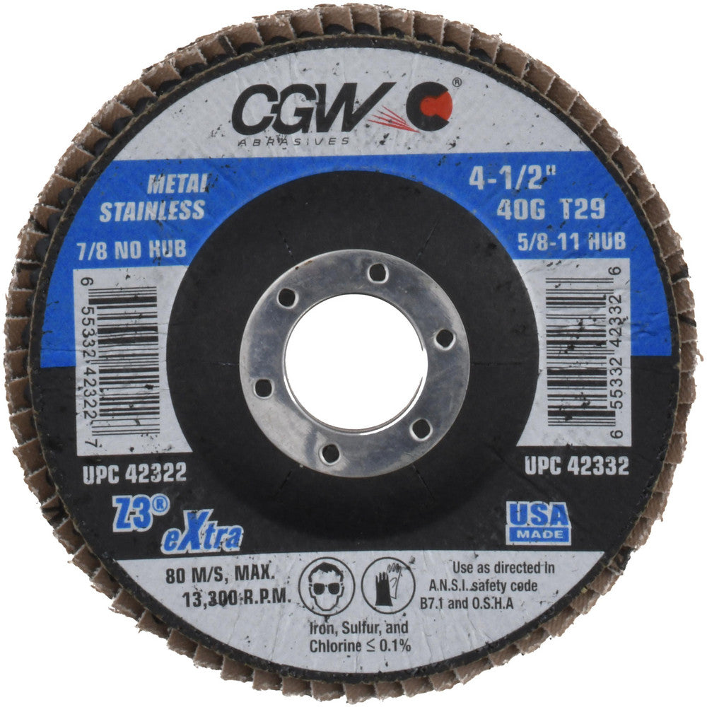 CGW Abrasives 42322 Flap Disc  4-1/2" Dia, 7/8" Hole, 40 Grit, Zirconia Alumina, Type 29