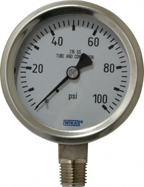 Wika 9768700 Pressure Gauge 2-1/2" Dial, 0 to 100 psi, 1/4" Thread, NPT, Lower Mount