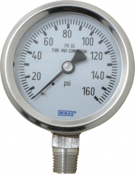 Wika 9768696 Pressure Gauge 2-1/2" Dial, 0 to 160 psi, 1/4" Thread, NPT, Lower Mount