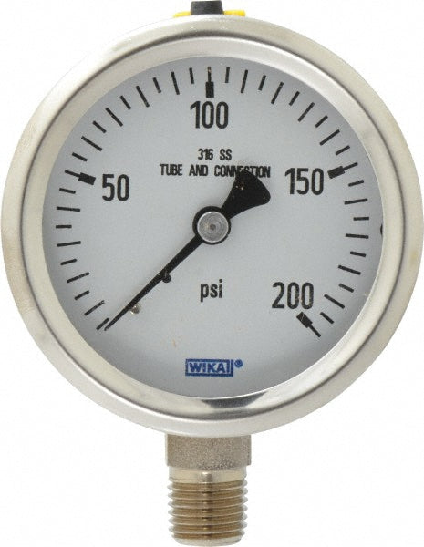 Wika 9768688 Pressure Gauge 2-1/2" Dial, 0 to 200 psi, 1/4" Thread, NPT, Lower Mount