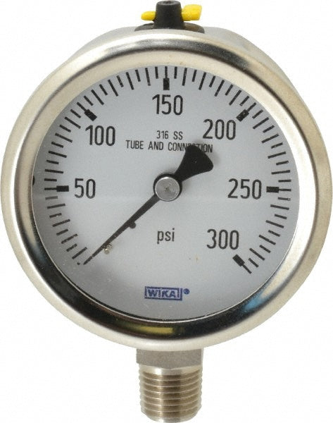 Wika 9768670 Pressure Gauge 2-1/2" Dial, 0 to 300 psi, 1/4" Thread, NPT, Lower Mount