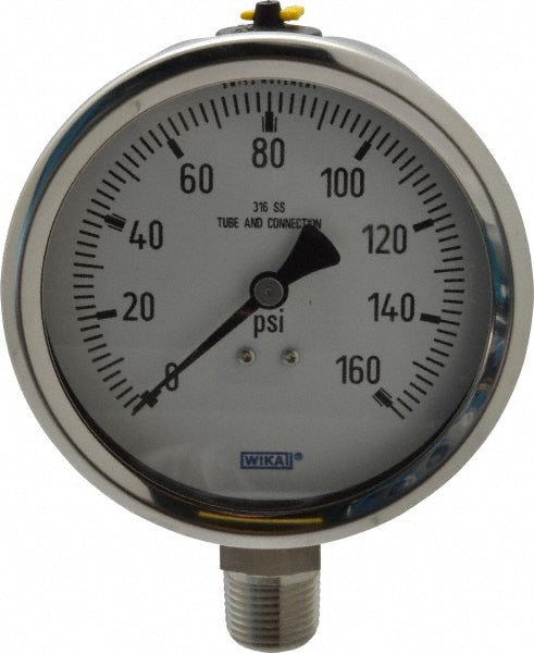 Wika 9768556 Pressure Gauge 4" Dial, 0 to 160 psi, 1/2" Thread, NPT, Lower Mount