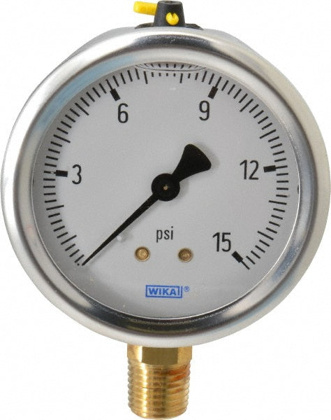 Wika 9767037 Pressure Gauge 2-1/2" Dial, 0 to 15 psi, 1/4" Thread, NPT, Lower Mount