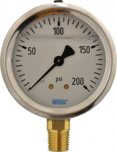 Wika 9767088 Pressure Gauge 2-1/2" Dial, 0 to 200 psi, 1/4" Thread, NPT, Lower Mount