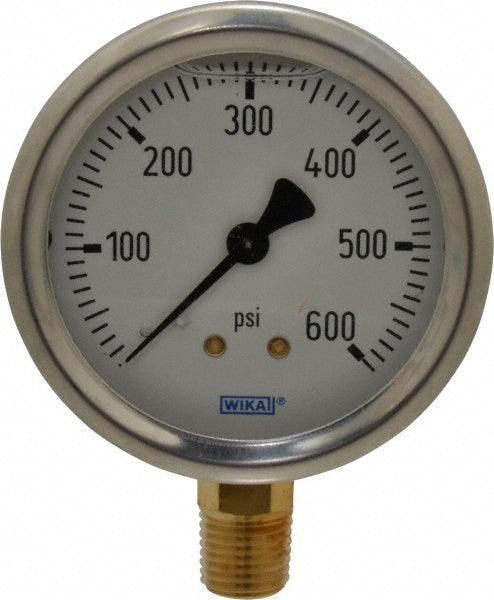 Wika 9767118 Pressure Gauge 2-1/2" Dial, 0 to 600 psi, 1/4" Thread, NPT, Lower Mount