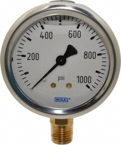 Wika 9767126 Pressure Gauge 2-1/2" Dial, 0 to 1,000 psi, 1/4" Thread, NPT, Lower Mount
