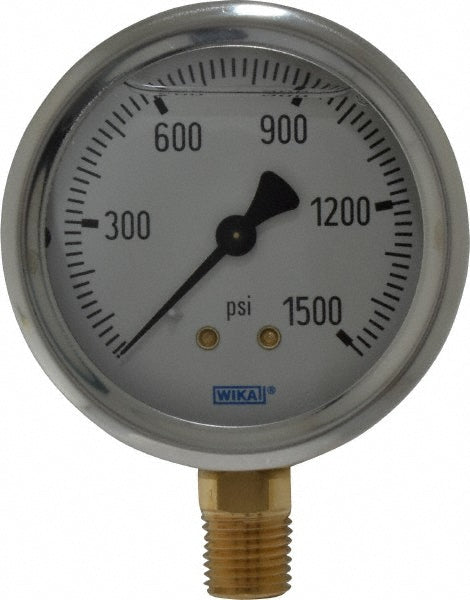 Wika 9767134 Pressure Gauge 2-1/2" Dial, 0 to 1,500 psi, 1/4" Thread, NPT, Lower Mount