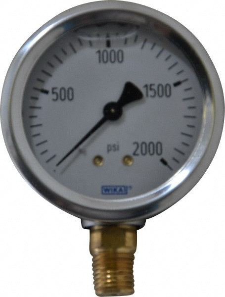Wika 9767142 Pressure Gauge 2-1/2" Dial, 0 to 2,000 psi, 1/4" Thread, NPT, Lower Mount