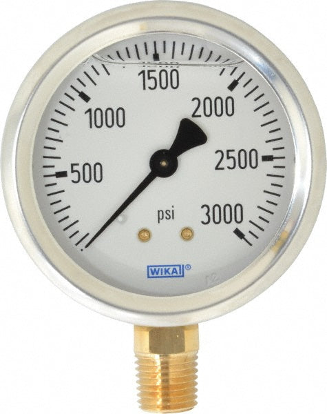 Wika 9767150 Pressure Gauge 2-1/2" Dial, 0 to 3,000 psi, 1/4" Thread, NPT, Lower Mount