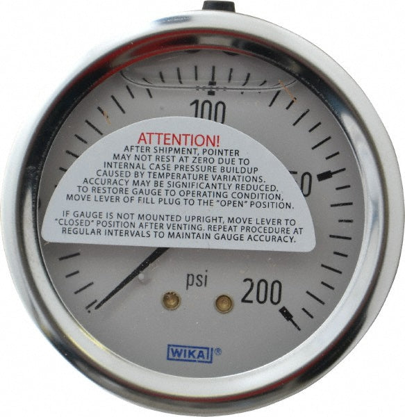Wika 9767231 Pressure Gauge 2-1/2" Dial, 0 to 200 psi, 1/4" Thread, NPT, Center Back Mount